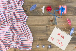 A vibrant display of Made-in-America apparel, including patriotic-themed t-shirts and hoodies, ideal for Independence Day celebrations.