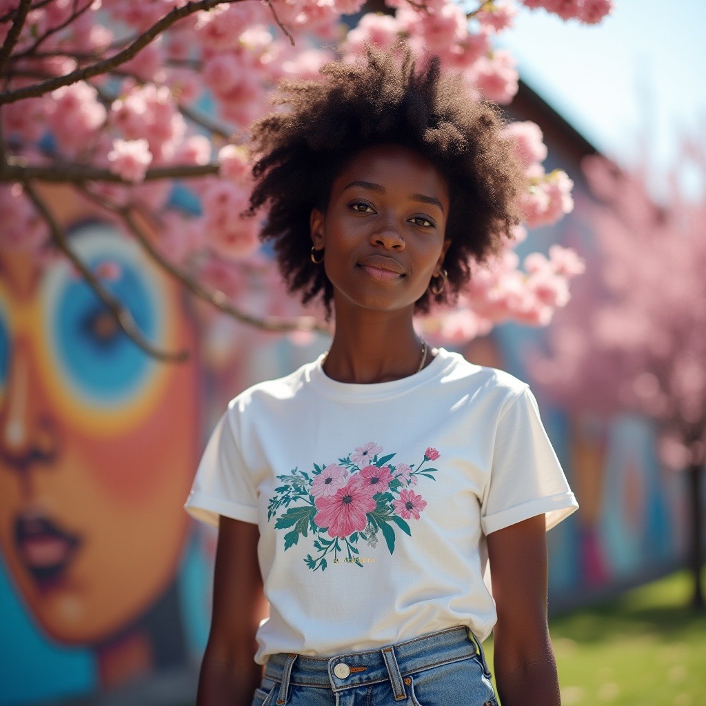 A girl wearing a custom-designed print-on-demand t-shirt, standing under a vibrant flower tree in natural light.