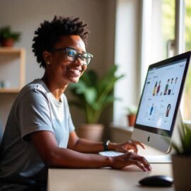 Image of a small business owner managing an e-commerce dashboard with print-on-demand products displayed on the screen.