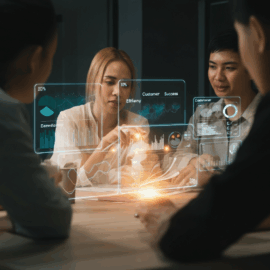 A diverse team of professionals collaborating in a modern office with glowing holographic data visualizations emphasizing "CUSTOMER SUCCESS."