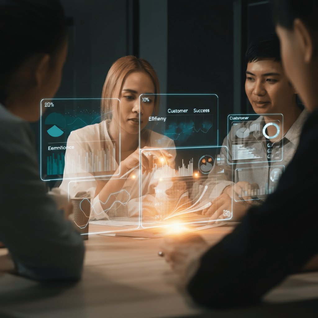 A diverse team of professionals collaborating in a modern office with glowing holographic data visualizations emphasizing "CUSTOMER SUCCESS."