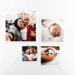 Retro Prints with Wooden Box - photo 1 Four photo prints showing two women taking a selfie, a sleeping baby, two friends with ice cream, and a puppy under a blanket.